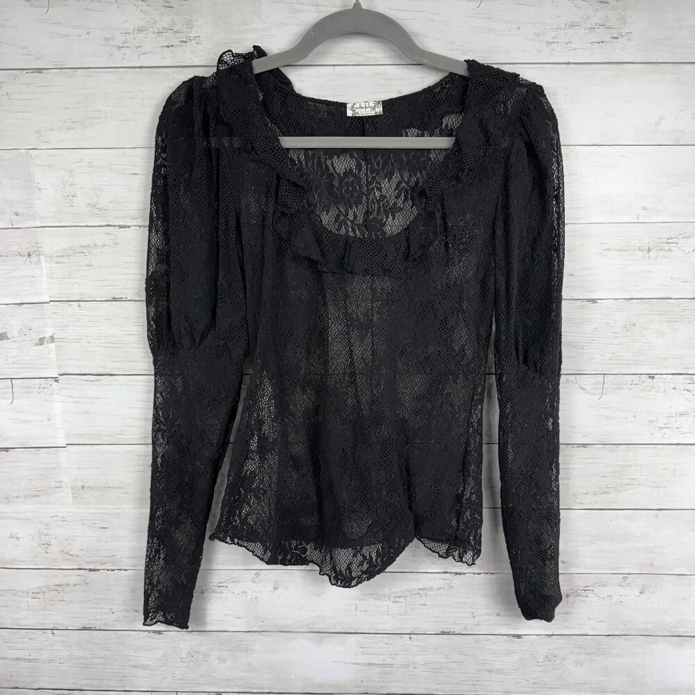 Intimately FP Black Lace Ruffle Long Sleeve Top